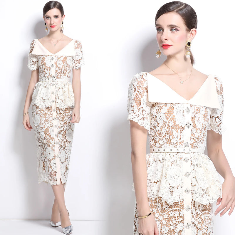 Elegant Hollow Out Flower Embroidery Lace Dress
