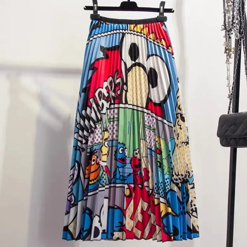 Cartoon Print Pleated Long High Waist A-Line Elastic Blue Pink Skirt