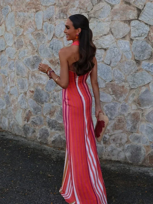 Contrast Striped Halte Off Shoulder Sleeveless Backless Slim Dress