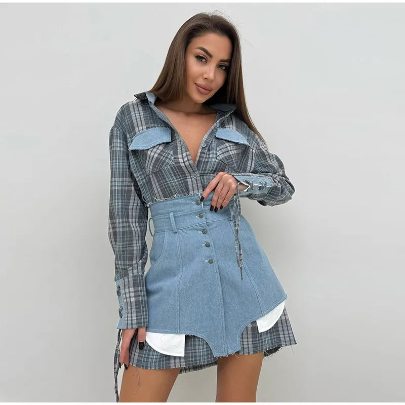 Blocked Shirt Waist Cinching Irregular Hem Short Skirt