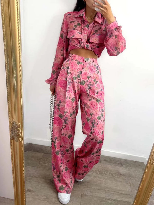Elegant Pink Long Sleeve Pockets Shirts And Straight Button Trousers Set