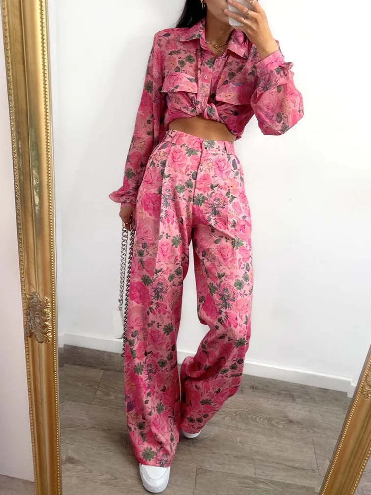 Elegant Pink Long Sleeve Pockets Shirts And Straight Button Trousers Set