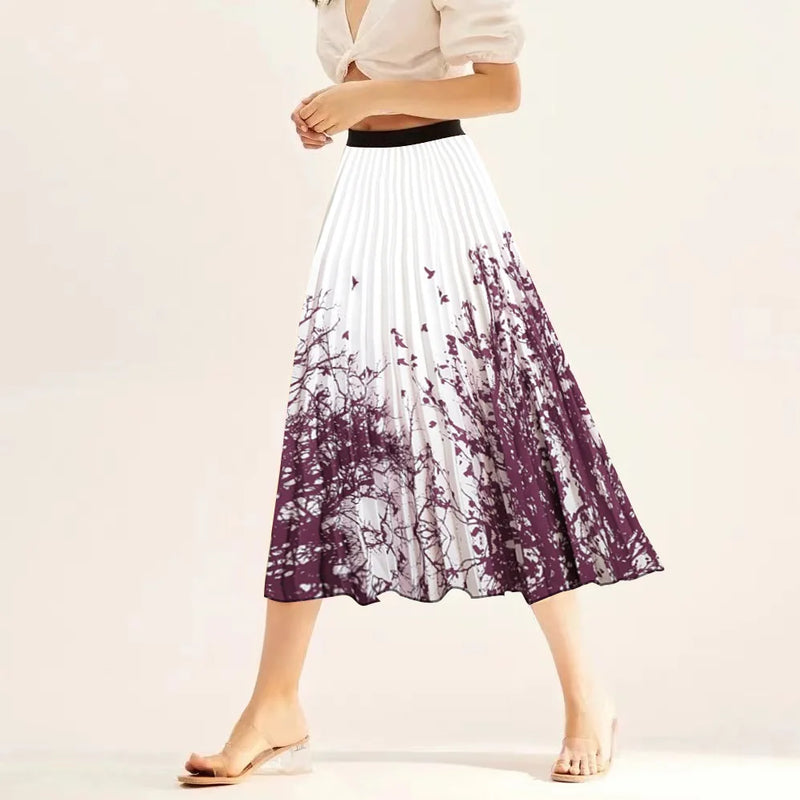 Printed elastic mid length A-line pressed pleated skirt