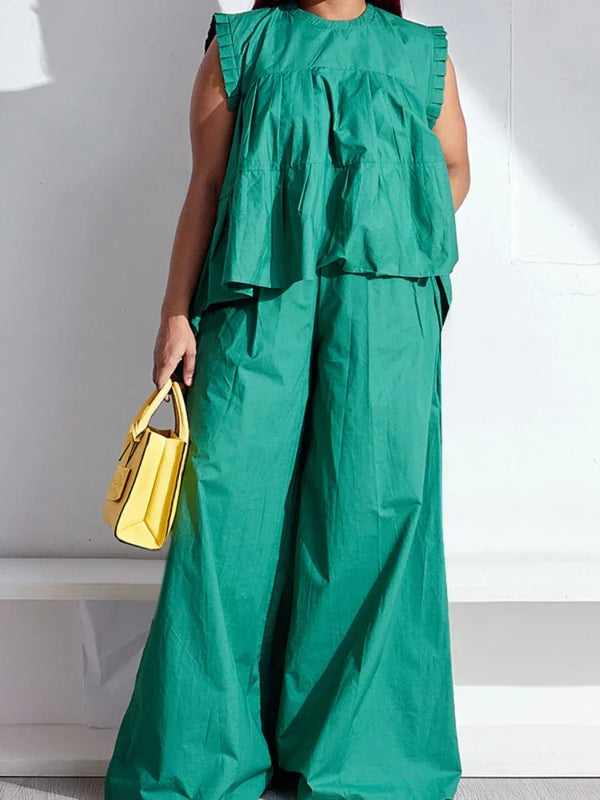 Ruffles Shoulder Loose Blouse and Wide Leg Pants