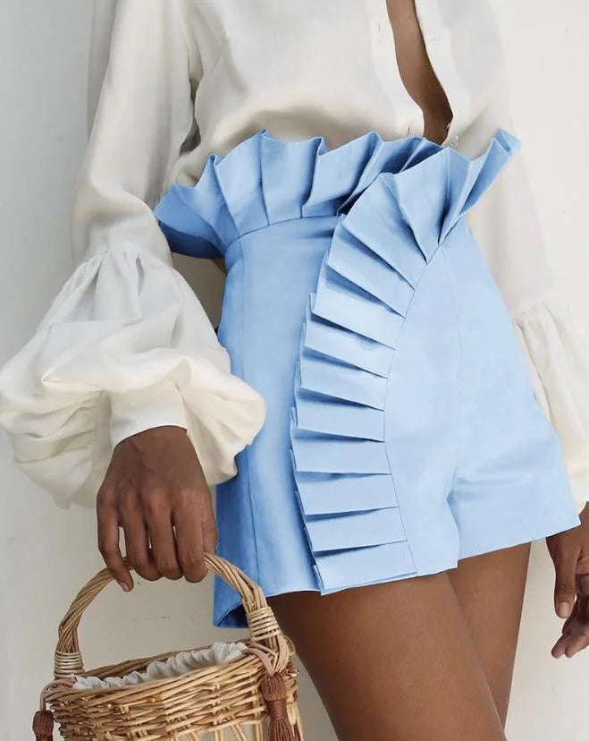 Solid Color Ruffled Ruched High Elastic Waist Shorts