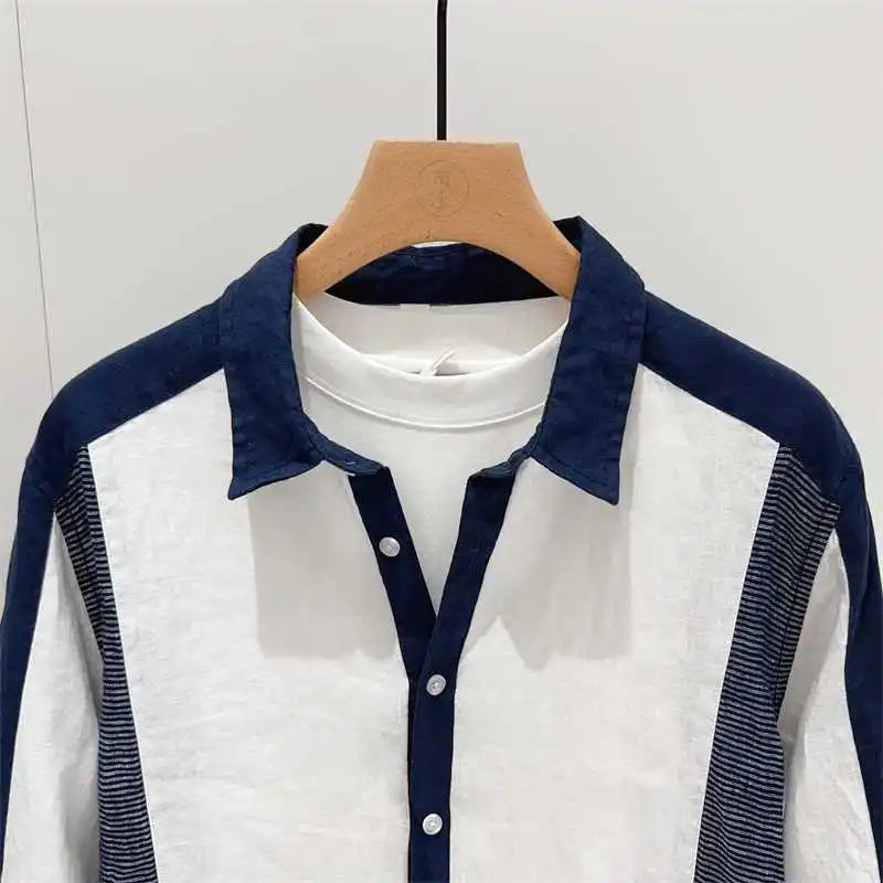 Lapel Contrasting Color Loose Casual Mid Sleeved Shirt