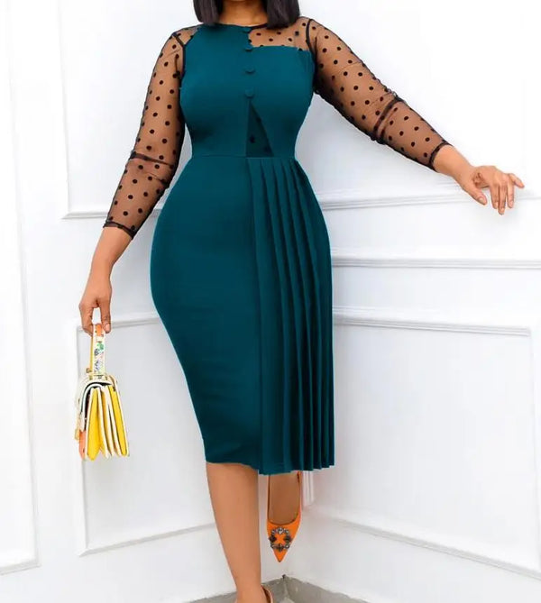 Spliced Long Sleeve Slim Fit Wrap Hip Split Elegant Dress