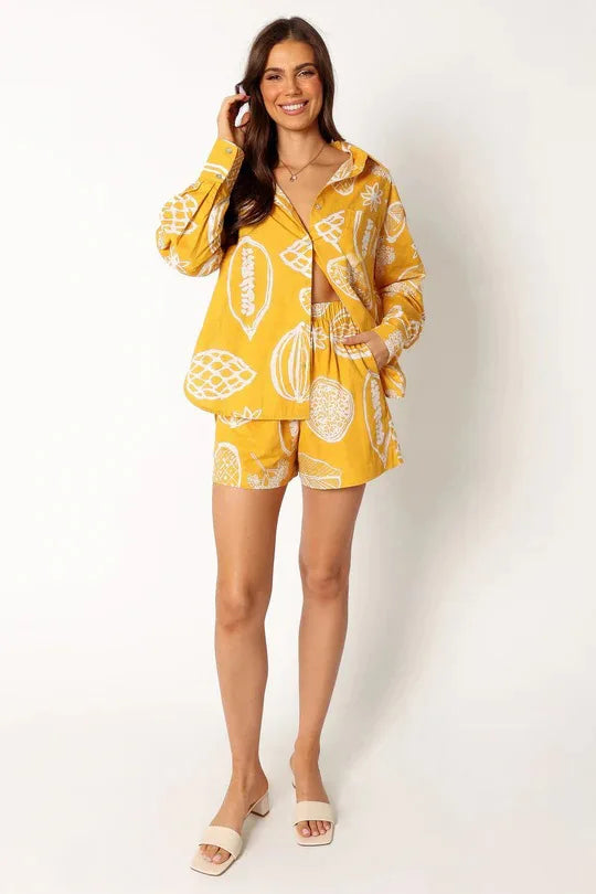 Summer Flip Collar Printed Single Breasted Shirt Shorts Two Piece