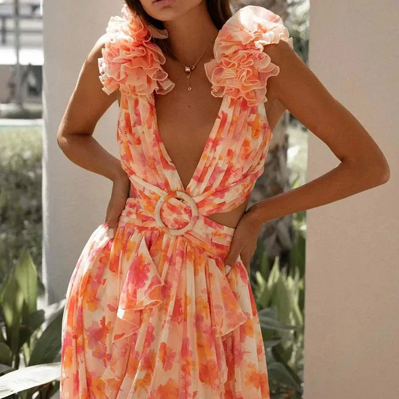 Elegant Floral Shoulder Deep V-neck Long Waist Ruffle Dress