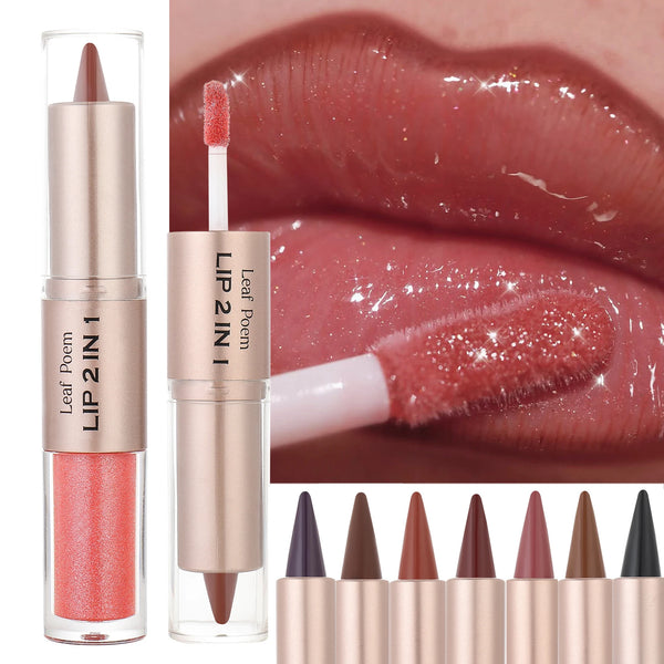 2 IN 1 Nude Brown Pink Mirror Lip Gloss Contour Pencil Matte Lipliner