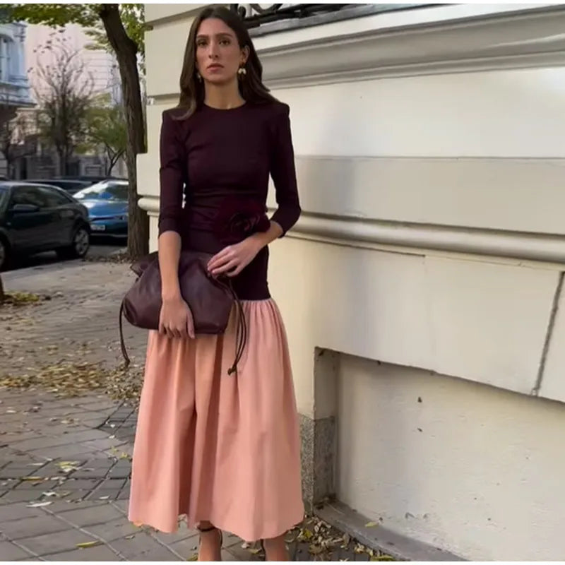 Chic Contrast Spliced Pleated Hem Women's Dress
