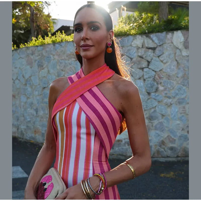 Contrast Striped Halte Off Shoulder Sleeveless Backless Slim Dress