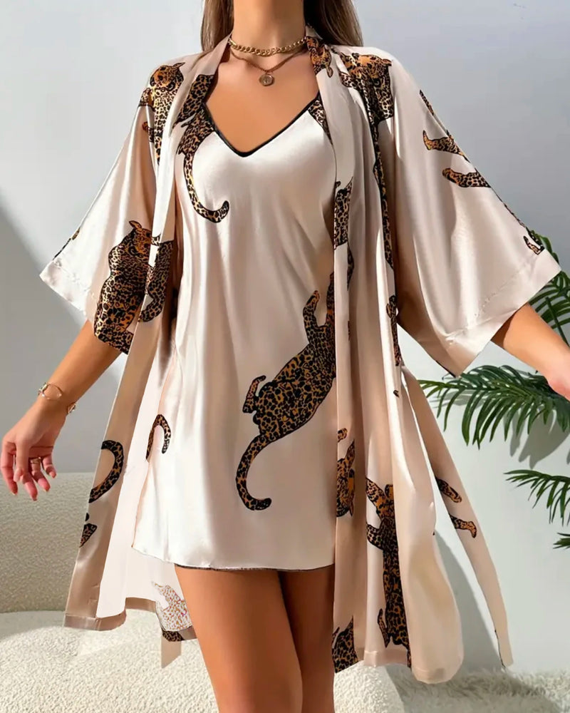 V-neck long suspender nightgown two-piece