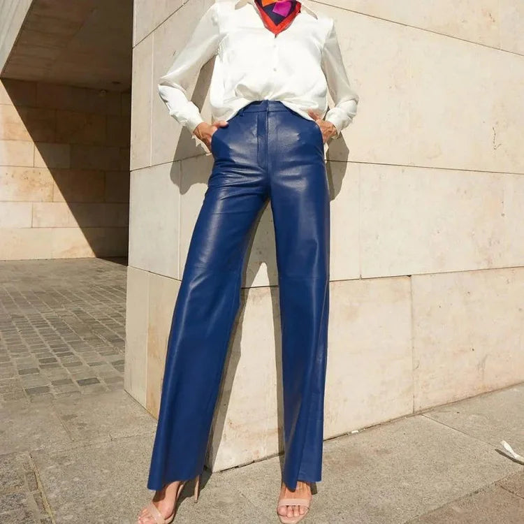 Solid Color PU Leather High Waist Straight Trousers