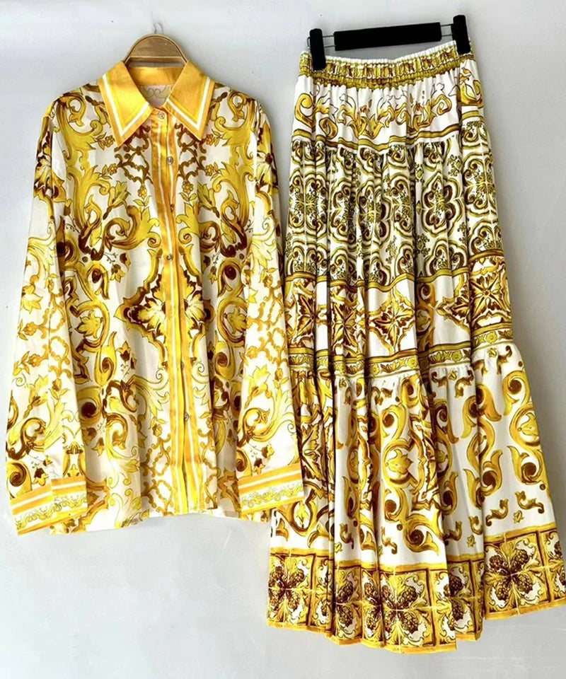 Retro lapel long sleeve geometric print shirt elastic waist big swing skirt