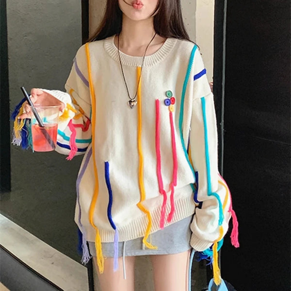 Winter Tassels Rainbow Striped Sweater Coat