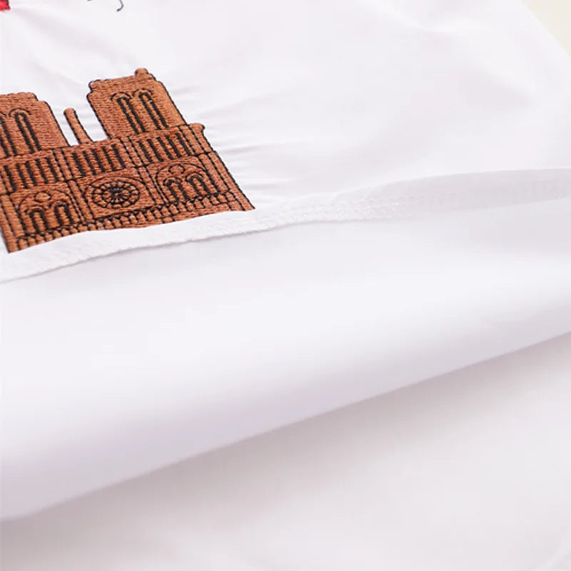 New White Button Long Sleeve Cotton Blouse Embroidery