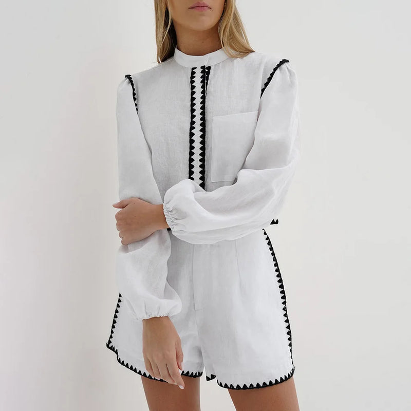 Elegant Round Neck Long Sleeved & High Waist Shorts