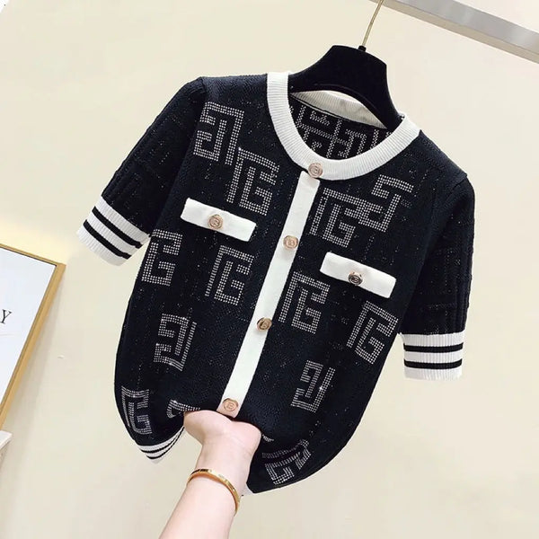 Short Sleeve Knitting Geometric Thin O-neck Pullover Top Tee