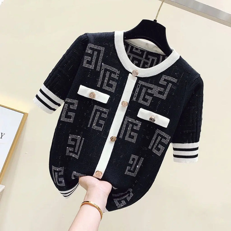 Short Sleeve Knitting Geometric Thin O-neck Pullover Top Tee