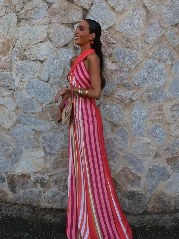 Contrast Striped Halte Off Shoulder Sleeveless Backless Slim Dress
