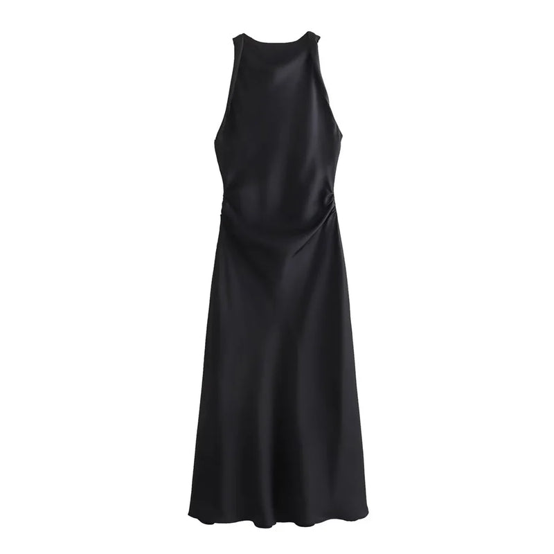 slim fit sleeveless silk satin dress