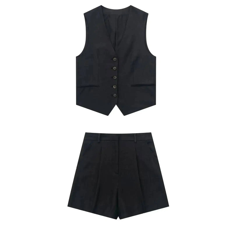 Sleeveless Vest Top+High Waist Slim Shorts 2 Pieces Set