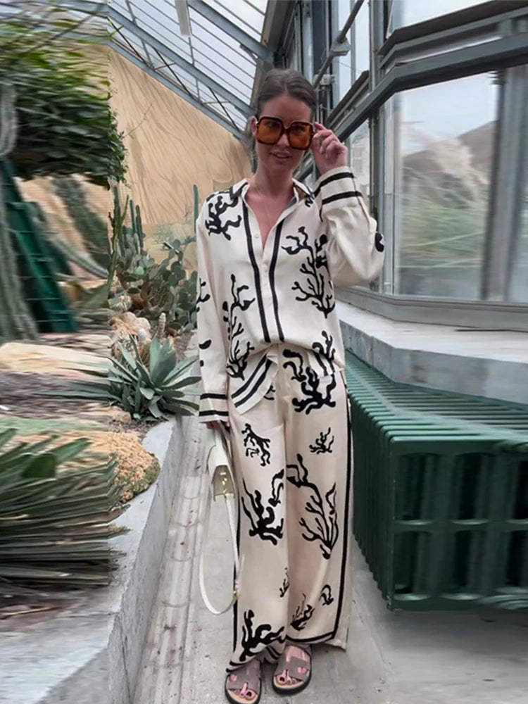 Casual Lapel Long Sleeve Blouse Wide Leg Trousers