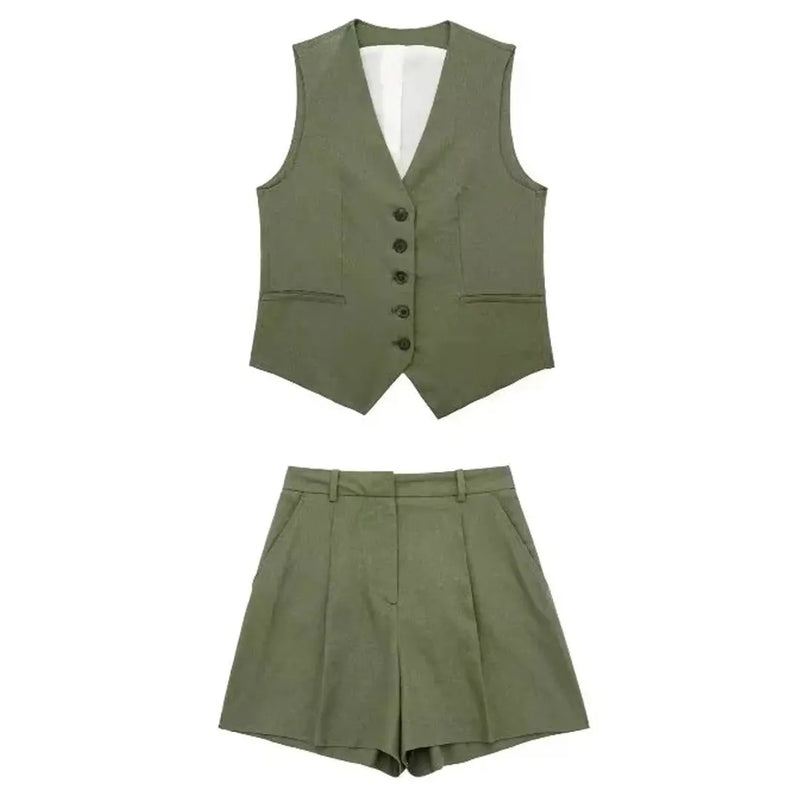 Sleeveless Vest Top+High Waist Slim Shorts 2 Pieces Set
