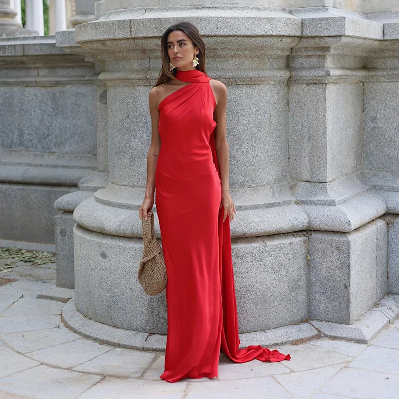 Elegant Solid Ribbon Off Shoulder Sleeveless Backless Slim Dress
