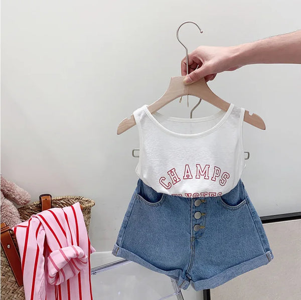 Striped Long-sleeved Shirt + Monogram Vest+Denim Shorts 3pcs 3 To 7 Years