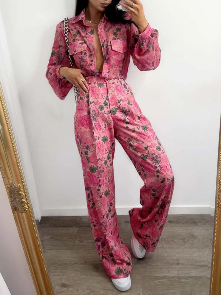 Elegant Pink Long Sleeve Pockets Shirts And Straight Button Trousers Set