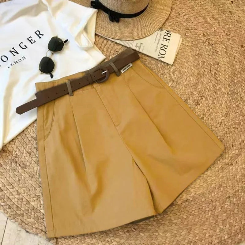 Chic Office Lady's Shorts With Belt Straight Leg