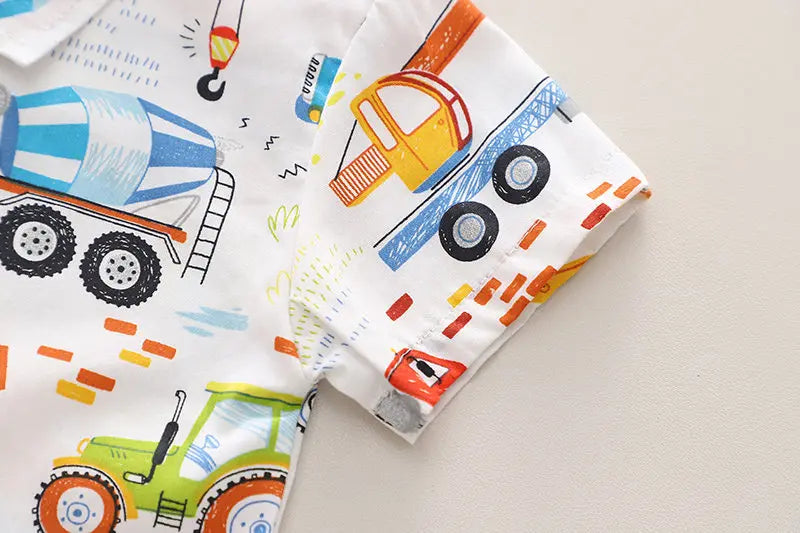 Summer Kids Boys Girl Causal Full Printed Cars Shirt Shorts 2Pcs