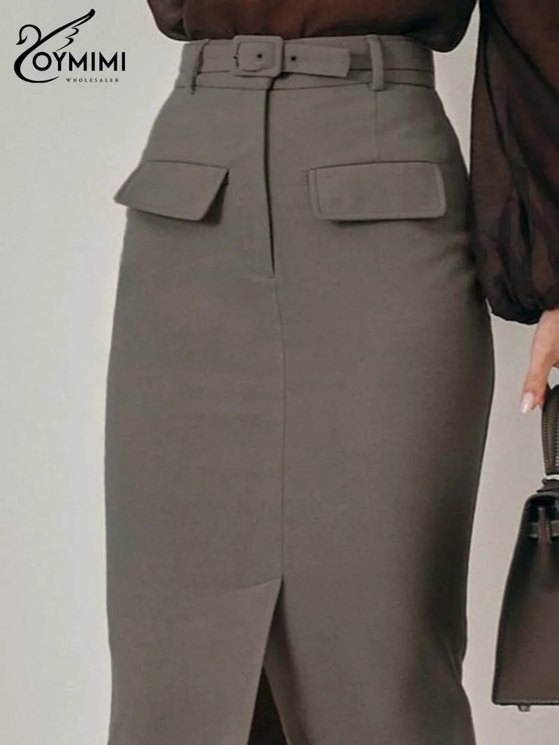 Elegant High Waisted Zipper Casual Pocket Straight Mid-Calf Skirt