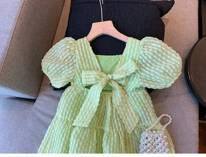Short Sleeve Open Back Bow Princess Dress