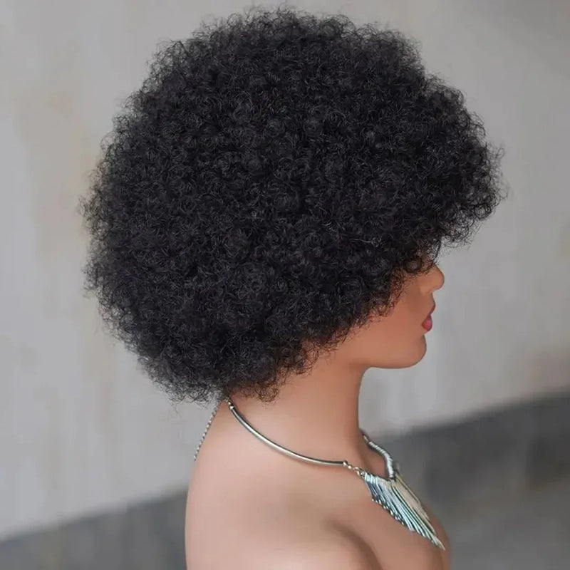 Pixie Short Afro Curly Bob 100% Human Hair Wigs With Bangs