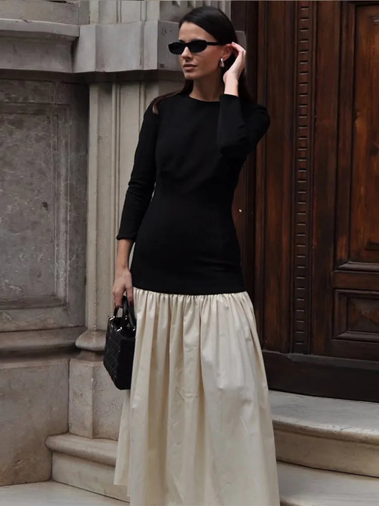 Chic Contrast Spliced Pleated Hem Women's Dress