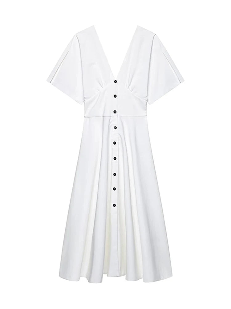 Elegant Breasted Long V-Neck Short Sleeve A-line Dress
