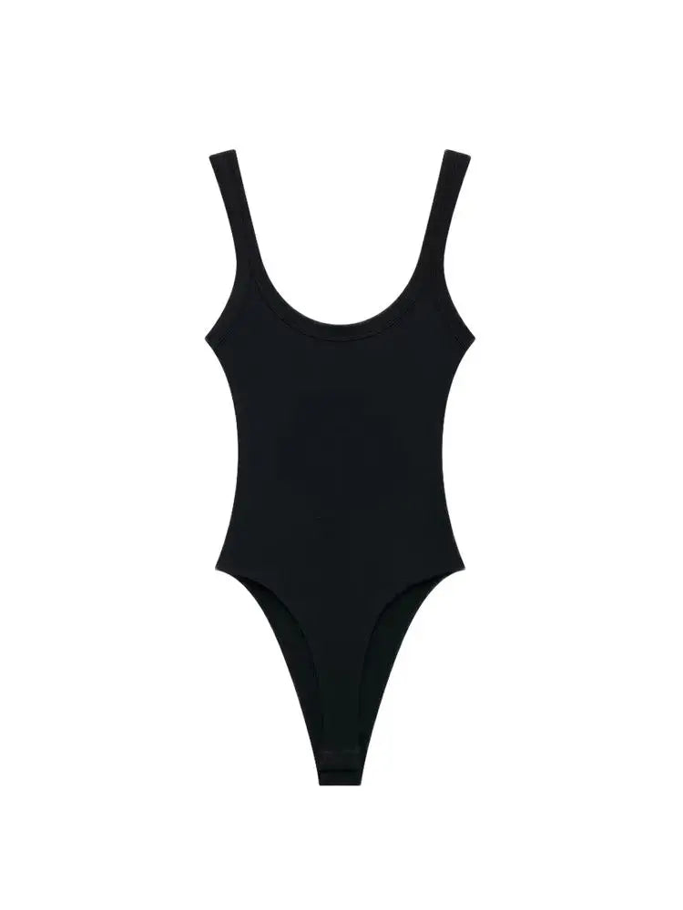 Skinny Ribbed Bodysuits O Neck, Straps, Snap-Button