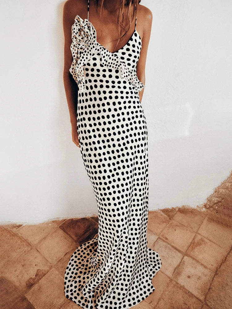 Backless  Print Dots Flower Strap Evening Dress Autumn