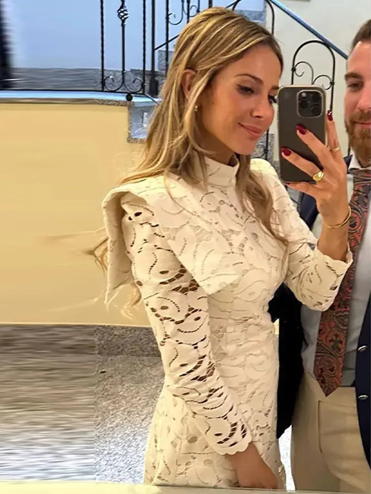 Elegant Lace High Collar Long Sleeve Slim Solid Dress