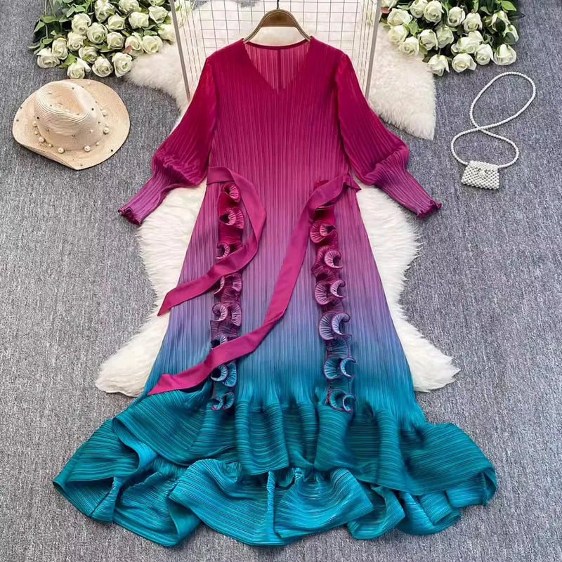 Ruffles Splice Gradient Color Pleated Dresses