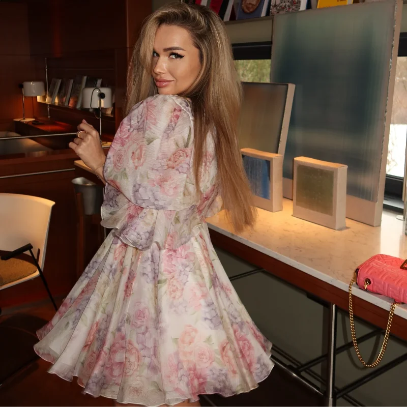 Elegant Flare Sleeve V Neck Pleated High Waist Dress