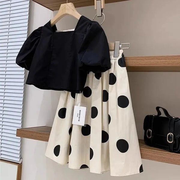 Cotton Square Neck Bubble Sleeve Top Dot Half Skirt 2-pieces
