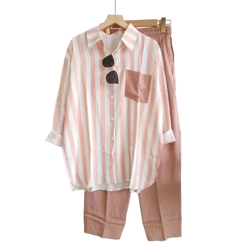 Tracksuit Set Summer Cotton Linen Blouse T-shirt Wide Leg Pant