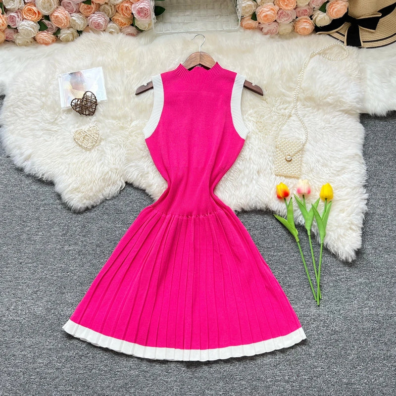 Y2K Slim Waist Pleated A-line Knitted Short Dress