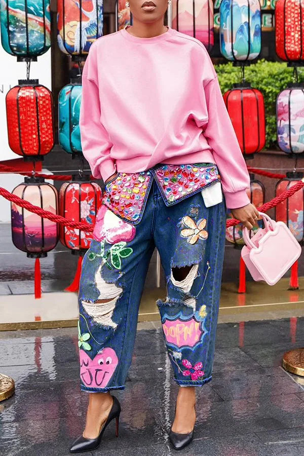 Spring Floral Embroidery Diamonds Beaded Holes Denim Pants