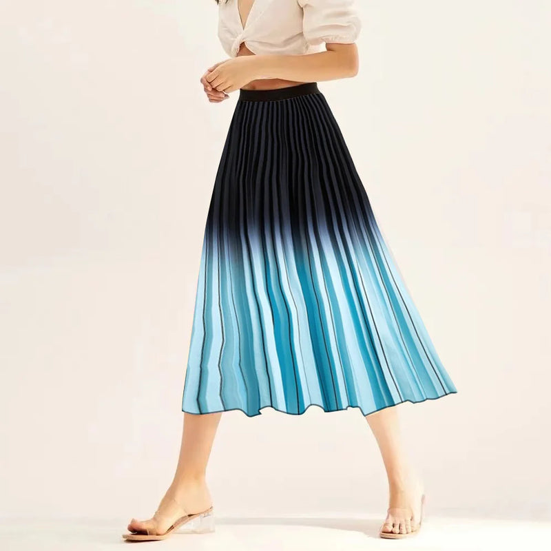 Printed elastic mid length A-line pressed pleated skirt