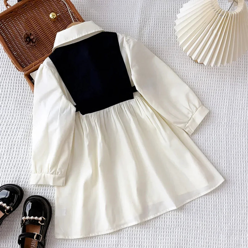 3 To 7 Years Old Long Sleeved Blocked Lapel Button Dress